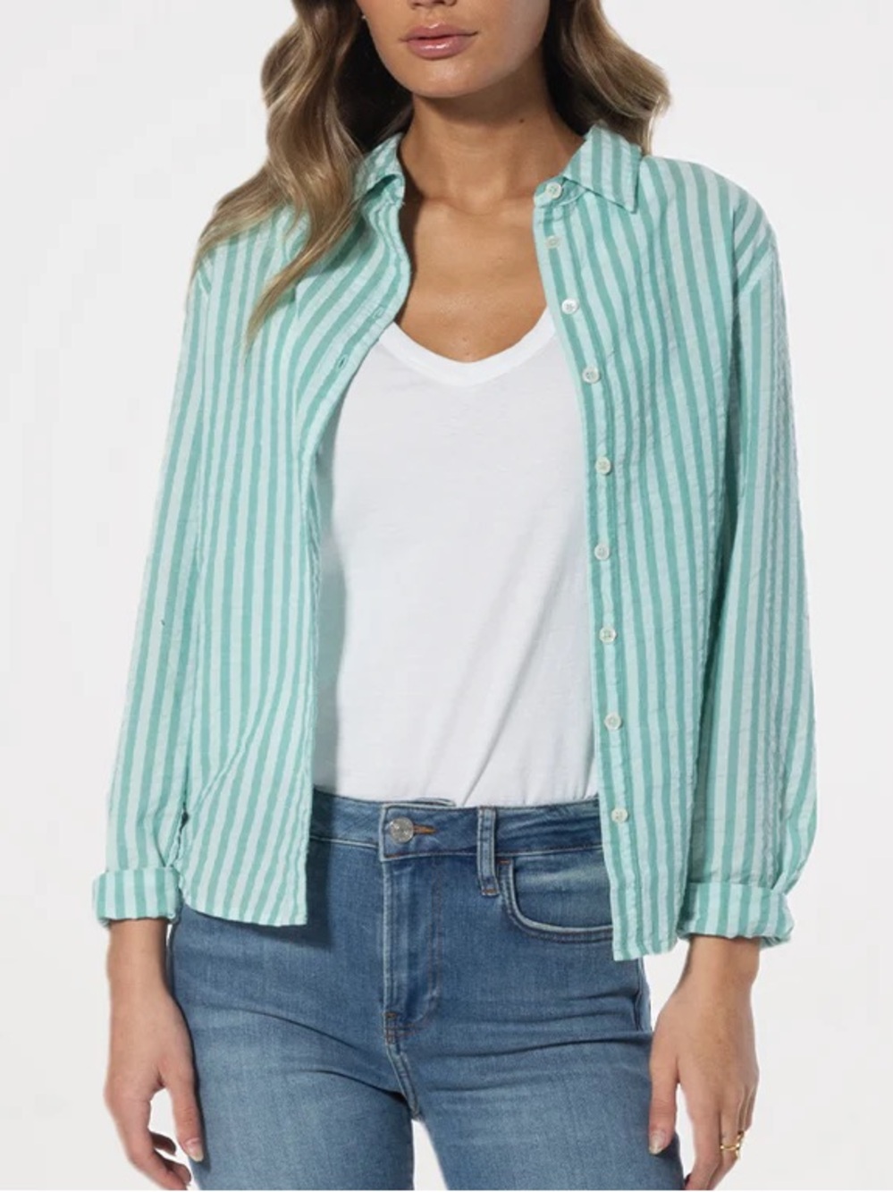 dylan Mint and White Striped Button-Down Shirt